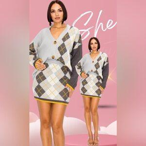 NWT! Argyle Pattern Preppy Style Oversized Knit Cardigan Sweater Top & Skirt Set